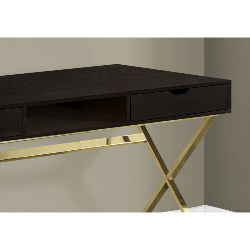 Bureau d'ordinateur pour petites maisons, bureau à domicile, avec stratifié brun et métal doré, l 48 po, espace de rangement de bureau moderne avec rangement fonctionnel, couleur, base en métal doré