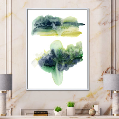 «Golden Green Abstract Clouds with Blue Points IV», peinture sur toile à cadre flottant