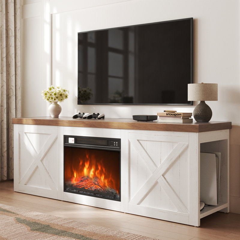 Meuble télé moderne avec foyer électrique inclus, Téléviseur jusqu'à 65 po (blanc)