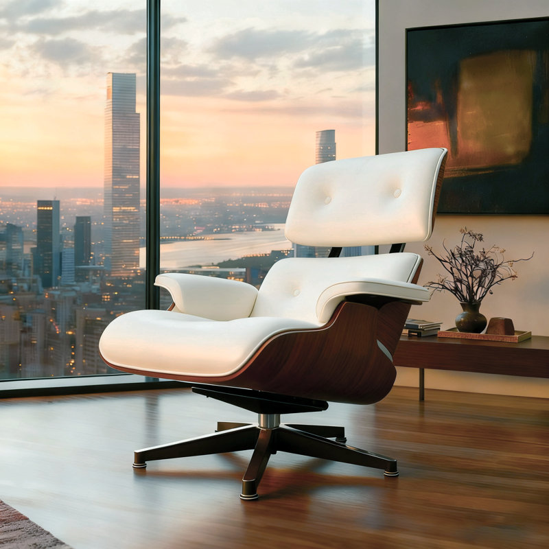 Classic Genuine Leather Swivel Lounge Chair with Ottoman for Modern Home, Solid Wood Accent Chair, White/Nautral Wood