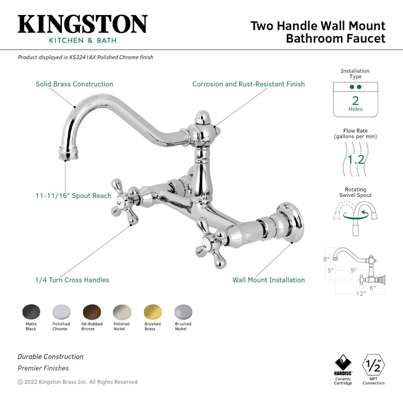 Kingston Brass Vintage Two-Handle 2-Hole Wall Mount Bathroom Faucet, Oil Rubbed Bronze