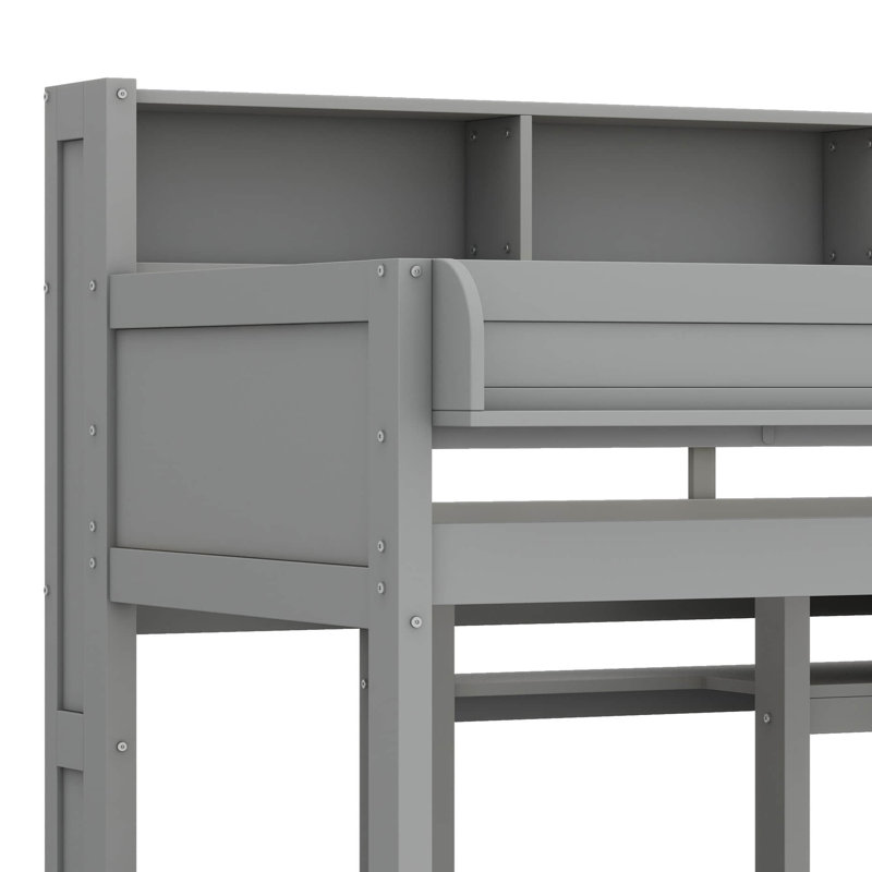 Twin Loft Bed With Storage Shelves And Under-Bed Desk, Wooden Bed Frames With Wardrobe And 3 Cabinets, Gray