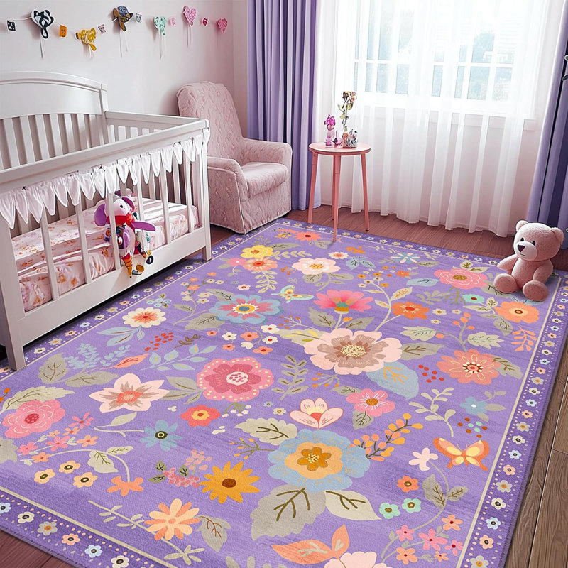 8X10 Purple/Pink/Multi Floral Boho Rug Machine Washable Non-Slip Low Pile Carpet For Nursery Girls Room, Rectangle 8' x 10'
