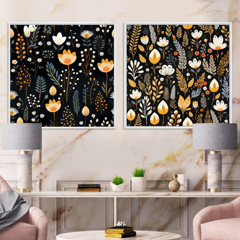 Hartline - Ensemble de 2 collages carrés botaniques abstraits, H 16 po x l 33 po, Cadre flottant blanc