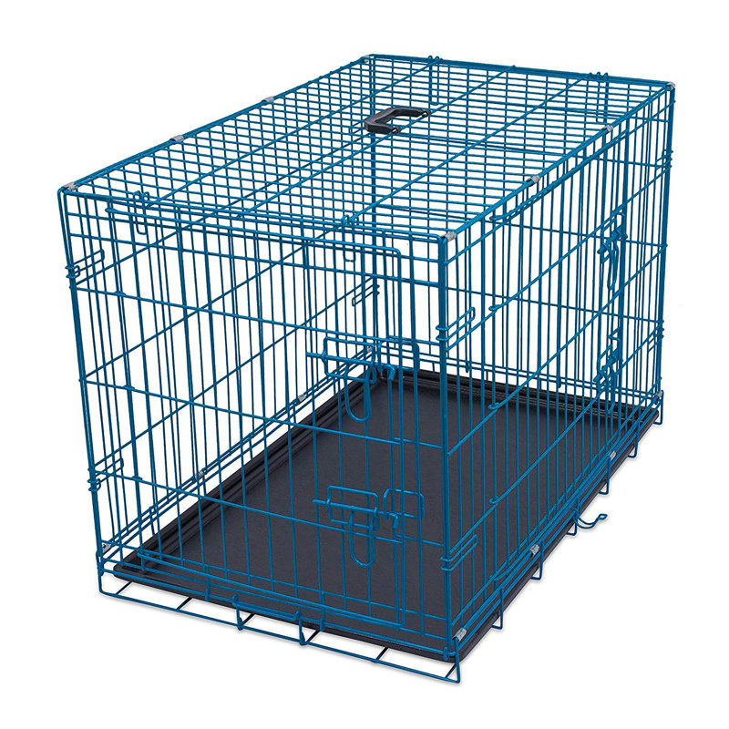 Large Blue Steel Double Door Pet Crate with Black Tray