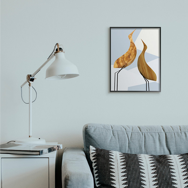 «Tall Tree Pattern Birds Blue Geometric Shapes» par Daphne Polselli - impression d'art graphique, Giclée encadrée noir minuit