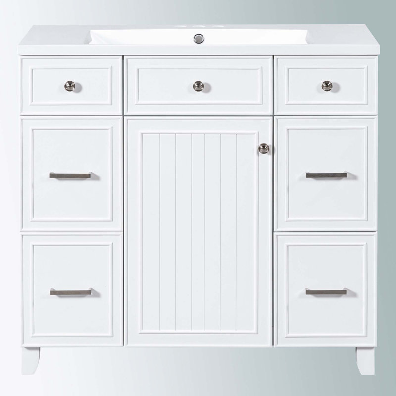 Meuble-lavabo de salle de bain avec comptoir de lavabo, porte à fermeture douce et 3 tiroirs, Blanc
