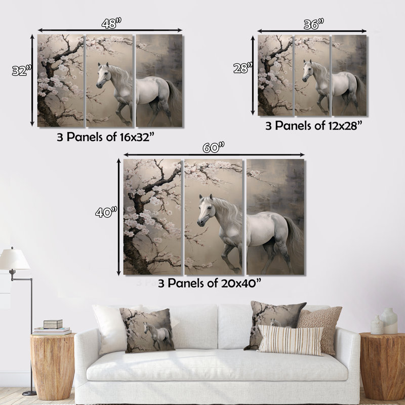 «Asian Art Horse Gray II» sur toile, reproduction de 3 pièces, H 28 po x l 36 po x P 1 po
