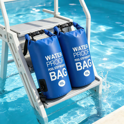 Universal Pool Ladder Weights - Paquet de 2 sacs de sable en PVC de 10 L pour marches hors-sol, résistant aux déchirures et à l'eau, facile à remplir, poignée solide et sangles (bleu foncé)