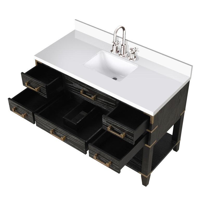 Ensemble de meuble-lavabo simple avec comptoir en quartz blanc et robinet, Noir, noir, noir, noir