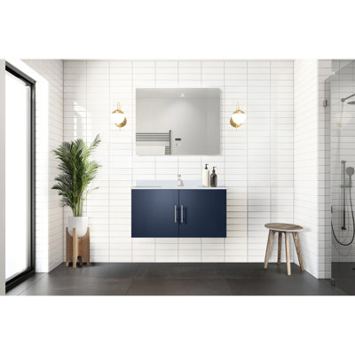 36 po L x P 22 po. Meuble-lavabo bleu marine avec comptoir en quartz blanc, robinet et miroir à DEL - surface de bain durable résistante aux rayures, pour une fonctionnalité prolongée