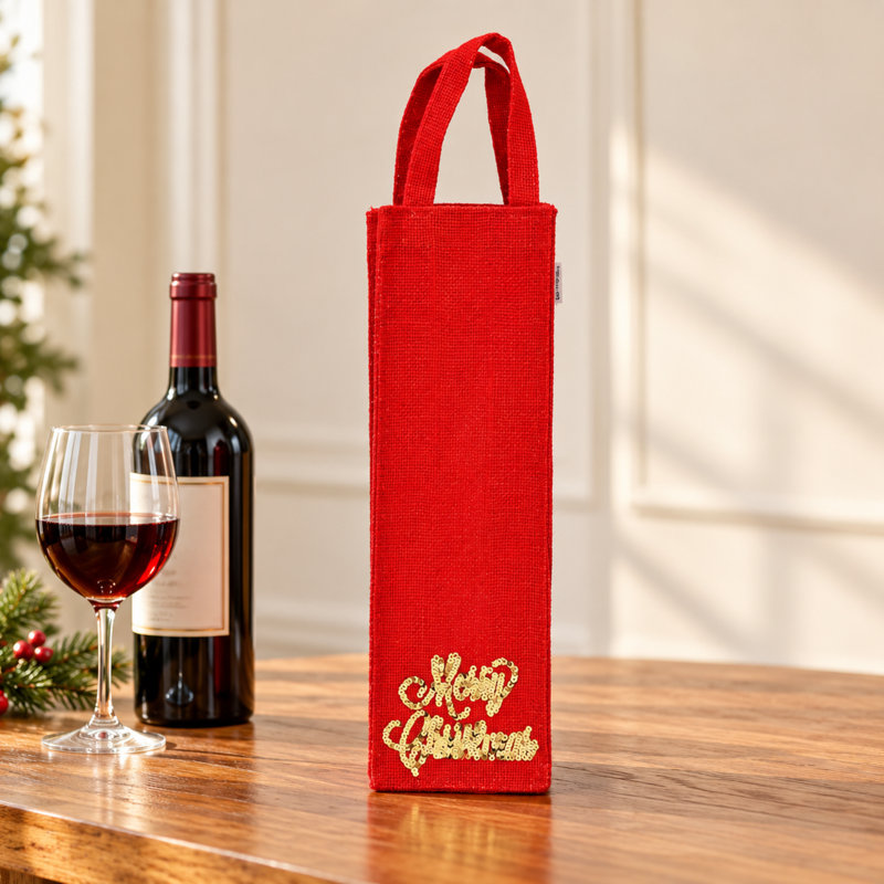 Christmas Wine Gift Jute Bag with Sequin Design