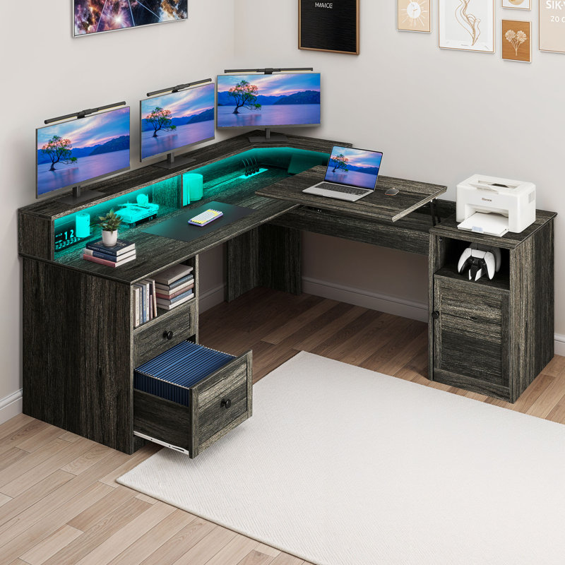  60'' L Shaped Desk With Power Outlet, Lift Top & LED Lights