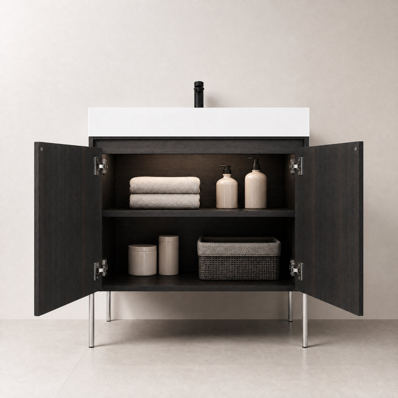 Meuble-lavabo autoportant de 36 po avec lavabo en résine, 2 portes à fermeture douce, armoire de rangement en contreplaqué chêne foncé pour salle de bain, salle d'eau