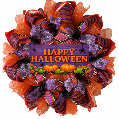 Happy Halloween Wreath Purple and Orange 28 Inches