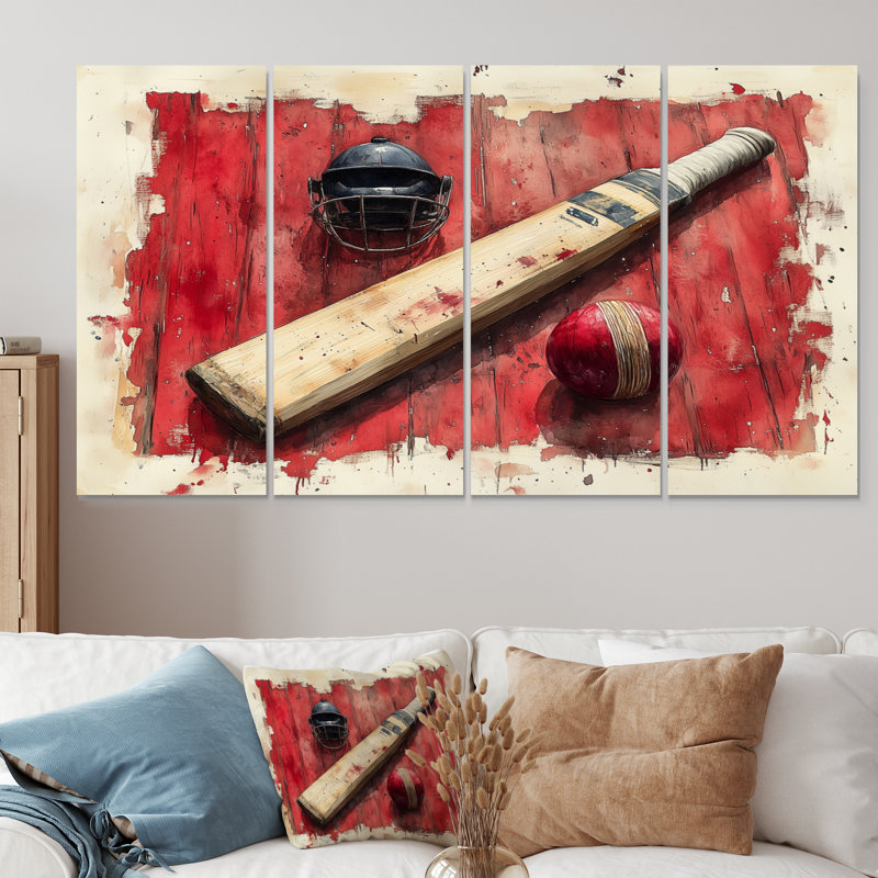 Ensemble de salon de cricket rouge et noir - Cricket Sport Wall Art, H 32 po x l 64 po