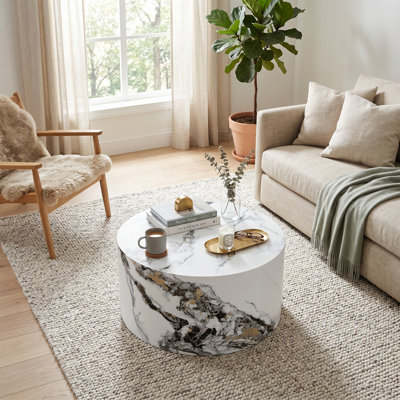 Round Cylindrical Marble Textured Mdf Coffee Table