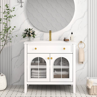 Meuble-lavabo de 35,6 po avec verre, poignées en métal, lumières à capteur de mouvement et tiroir à couvercle rabattable pour un éclairage fonctionnel de 36 po autoportant, tablettes réglables, fabrication