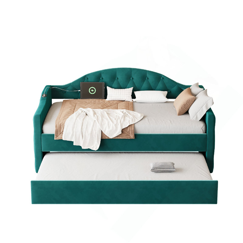 Lit de jour capitonné capitonné avec couchette, canapé-lit en velours avec ports USB et ports de charge de type C, aucun sommier nécessaire