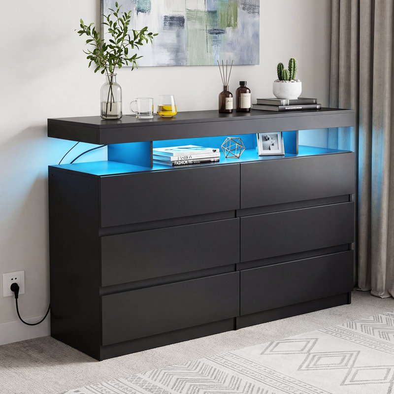 6 Drawer 47'' W Dresser With Power Outlet And APP Controlled LED Light, Black