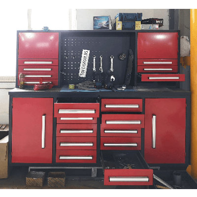 Établi de garage en acier robuste de 87 po de largeur avec 18 tiroirs, 4 armoires et panneau perforé
