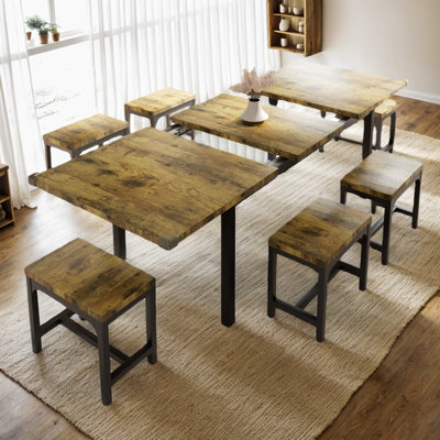 Dining Table Set, 7-piece Extendable Table From 63" Large Extendable Kitchen Table Set For 4-8 People, Mid-century Dining Room Table With 6 Square Stools