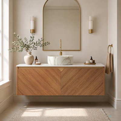 Ruben 48" Bathroom Vanity & Sink, Floating Plywood Storage Cabinet, Twill Double Doors With Metal Trim, Matte Stone Pattern Round Ceramic Basin & Sintered Stone Top