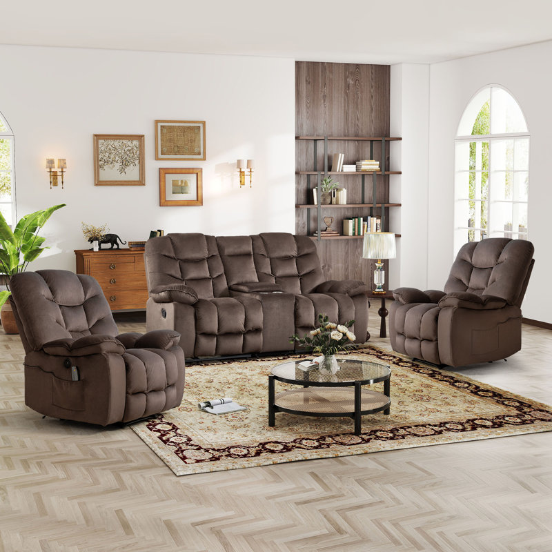 Ensemble de salon inclinable 3 pièces avec 2 fauteuils de massage chauffants électriques et causeuse manuelle avec console