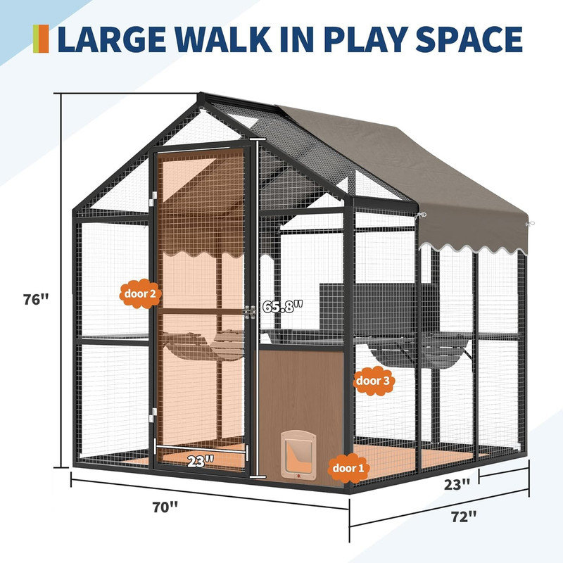 Très grand enclos extérieur pour chat - Catio en aluminium spacieux pour plusieurs chats, couverture toutes saisons et modes de porte réglables