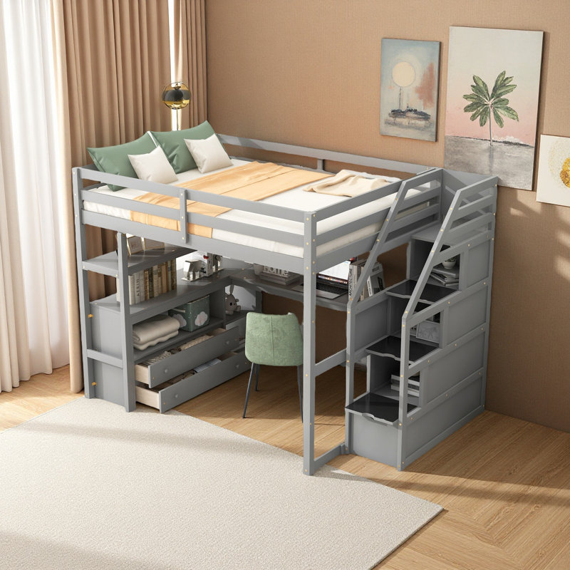 Lit mezzanine double avec bureau et tablettes, Gris
