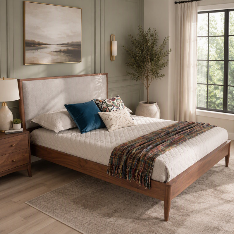Lit plateforme en bois massif avec tête de lit tapissier Boucle, Grand lit, Walnut