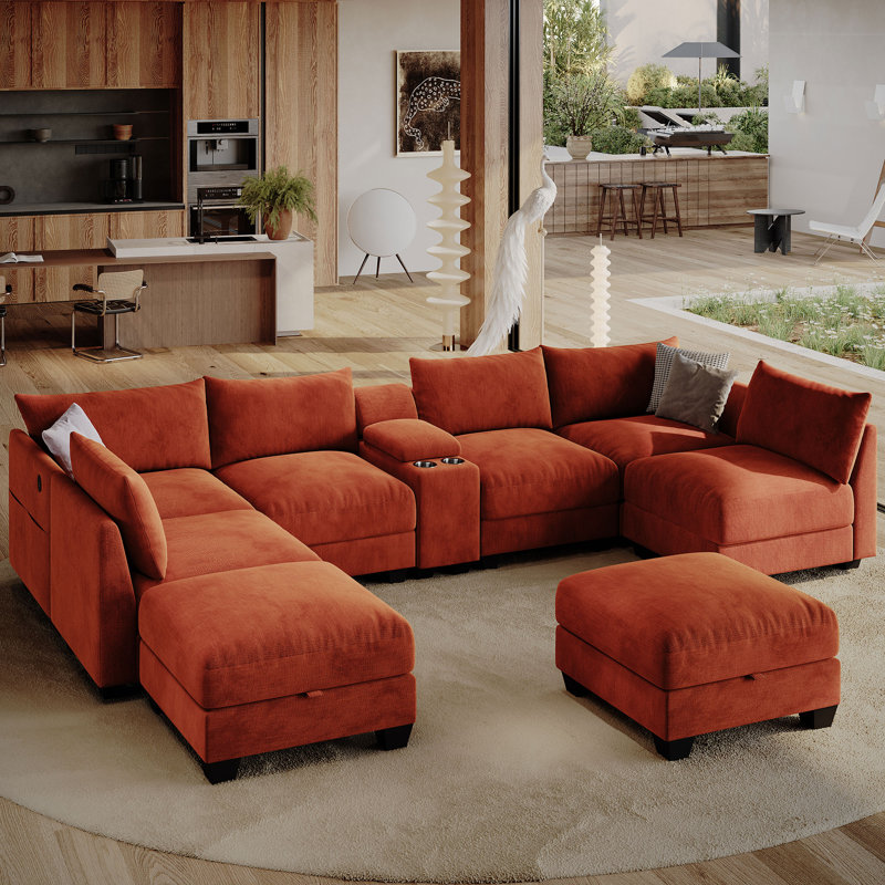  Amold 136.2'' U-Shaped Sectional Sofa, 8-Seater Modular Couch, Comfy Living Room Cloud Sofa With Ottoman And Console
