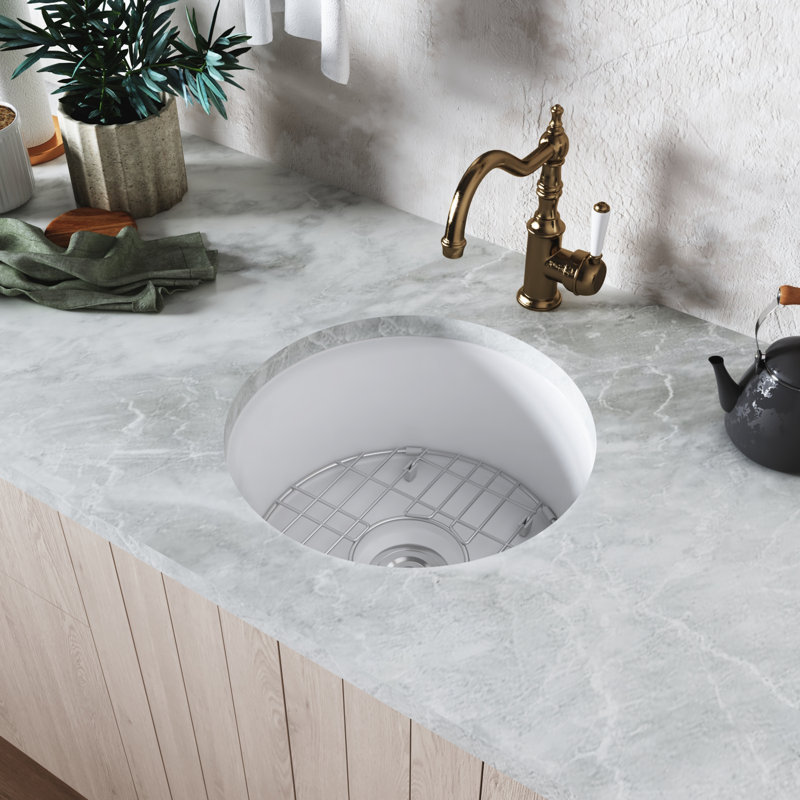 Évier de cuisine circulaire encastrable en argile réfractaire 18,5 po x 18,5 po avec crépine et grille d'évier
