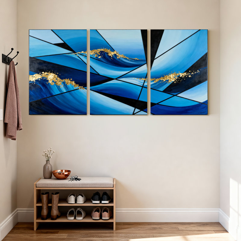 «Blue Waves Gold Accents», ensemble de 3 impressions sur toile, H 24 po x l 48 po