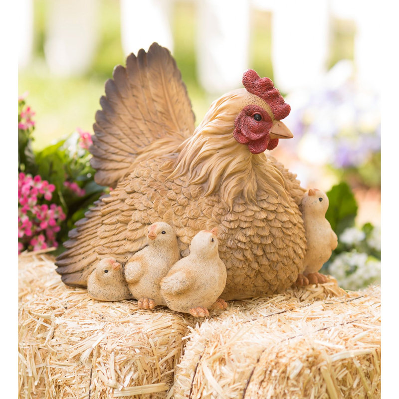 Sculpture de jardin poule Alyisha avec poussins