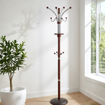 73" Tall Chrome and Wood Coat Rack, Cherry finish