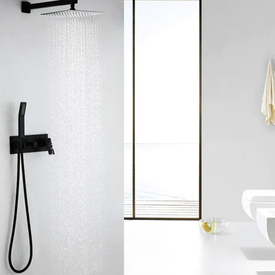 Wall Mounted Shower - Matte Black, 10" Rain Head, Hand With 59" Hose, Adjustable Water Flow, Ceramic Disc Valve Included Bathroom Black Finish, 10 Inch Easy Install