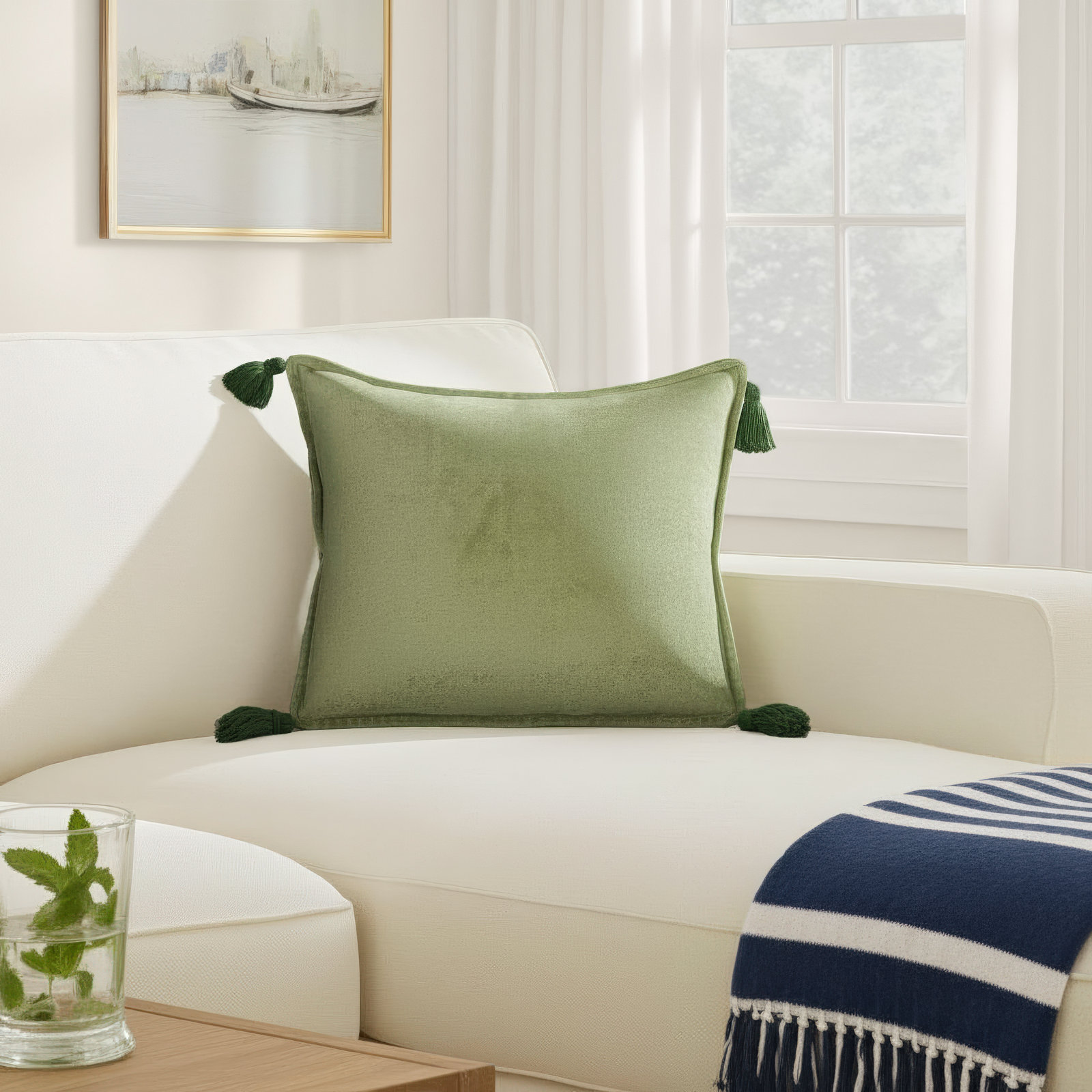 Norwin Tassels Cotton Lumbar Throw Pillow, Poly Fill, Grass Green