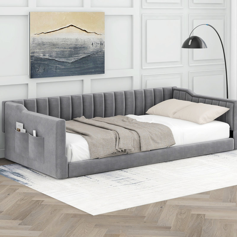 Twin XL Size Upholstery Daybed And Side Storage Pocket, Gray