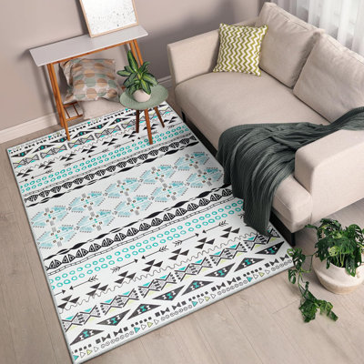 Zuri Tribal-Inspired Geometric Rug - Black, Turquoise & White Modern Boho Carpet