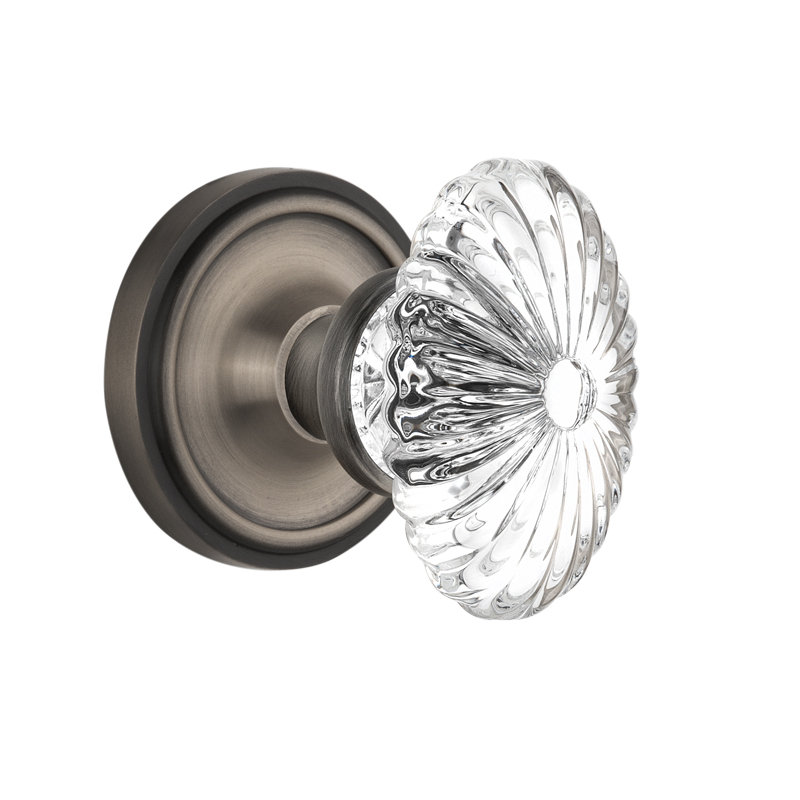 Bouton de porte mortaise intérieur ovale cannelé en cristal avec rosette classique, Étain antique