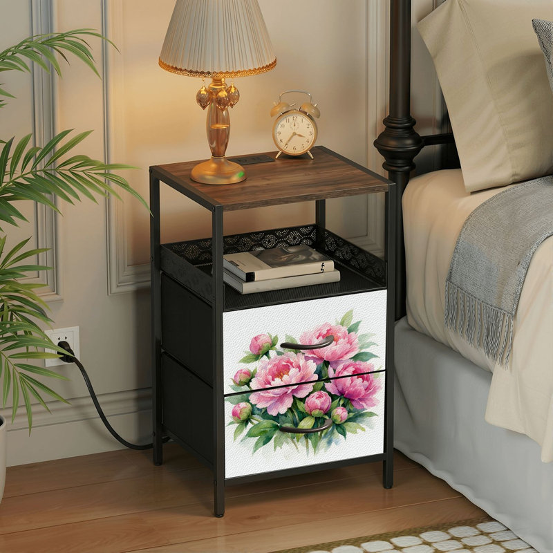Table de chevet 2 tiroirs avec station de charge, table de chevet de chambre à coucher avec ports USB et prises ouvertes - tablette noire