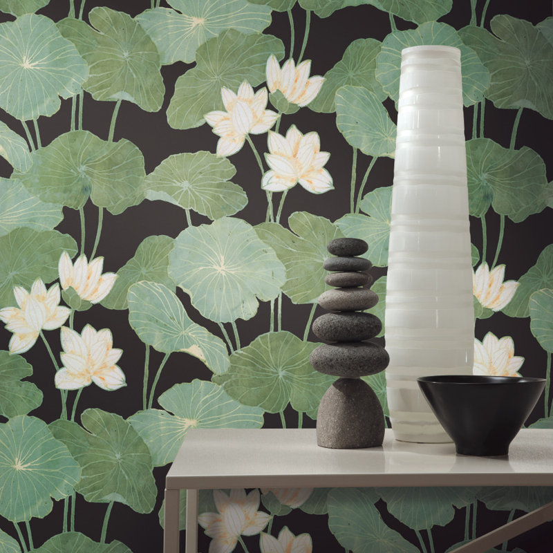 Rouleau de papier peint adhésif L 16,5 pi x l 20,5 po Circinus Lily Pad, Noir / Vert
