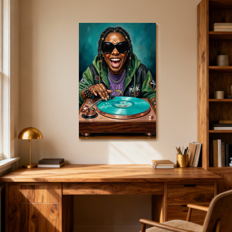 Fashion DJ avec tourne-disque et disque vinyle bleu, H 48 po x l 32 po