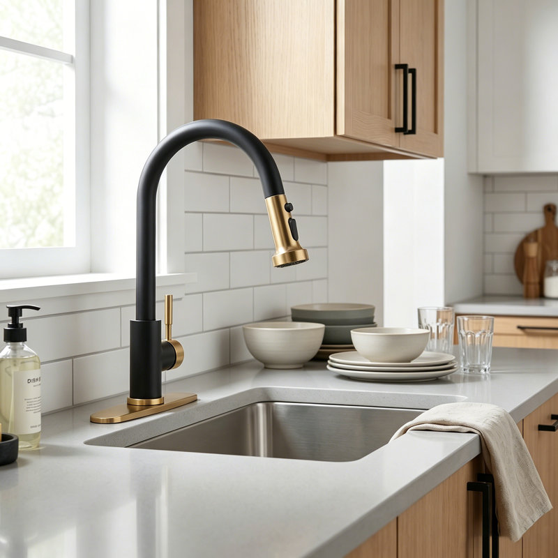 Pull Down Single Handle Kitchen Faucet with 3-Modes Advanced Spray, Gold/Matte Black