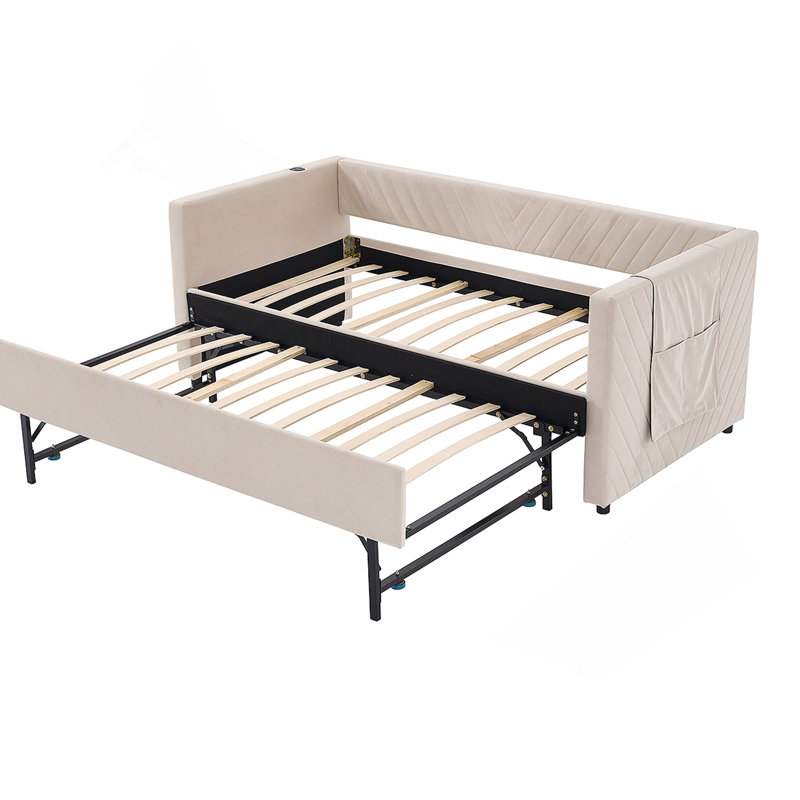 Twin Size Upholstered Daybed with Trundle,USB Port ,Side Pockets, Modern V-grained backrest Design,No Box Spring Needed, for Bedroom, Guest Room ( Beige, Twin)
