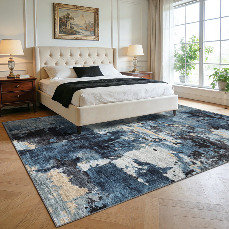 Tapis moderne lavable abstrait pour le salon de la chambre à coucher, Bleu, Rectangle 9' x 12'