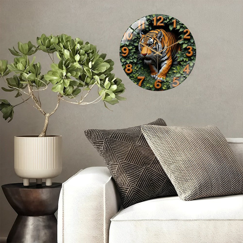 Tiger Round Wall Clock with Lifelike Design And Greenery Art - 12'' Modern Glass Wall Clock