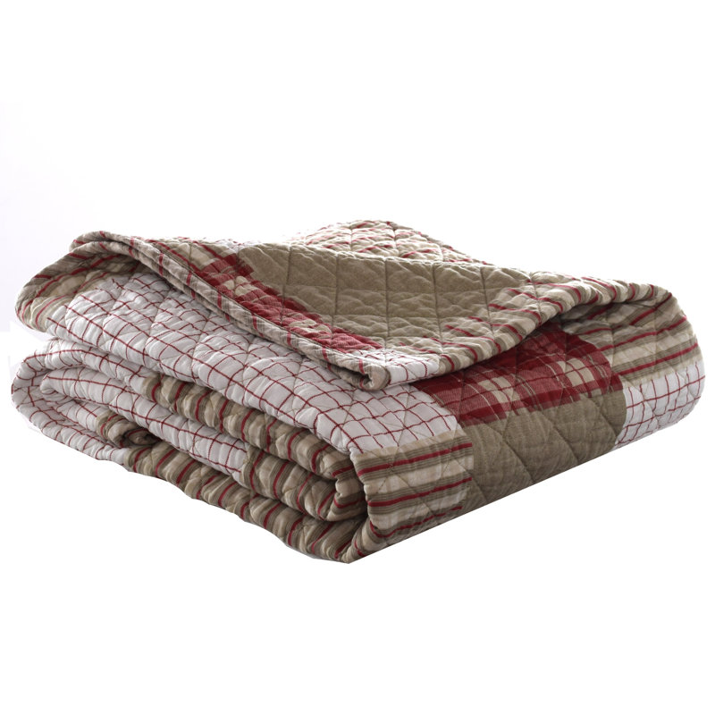 Rustic Red and Khaki Plaid Cotton Quilted Throw Blanket