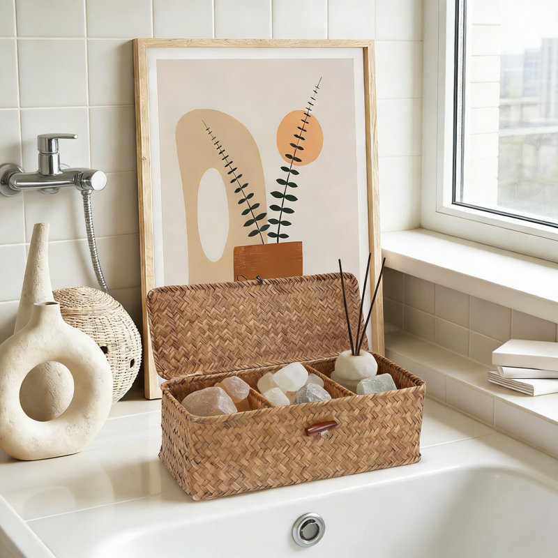 Seagrass Storage Basket With Lid And 3 Compartments, Rectangular Organizer Bin For Shelves In Bathroom, Closet, Kitchen, And Office